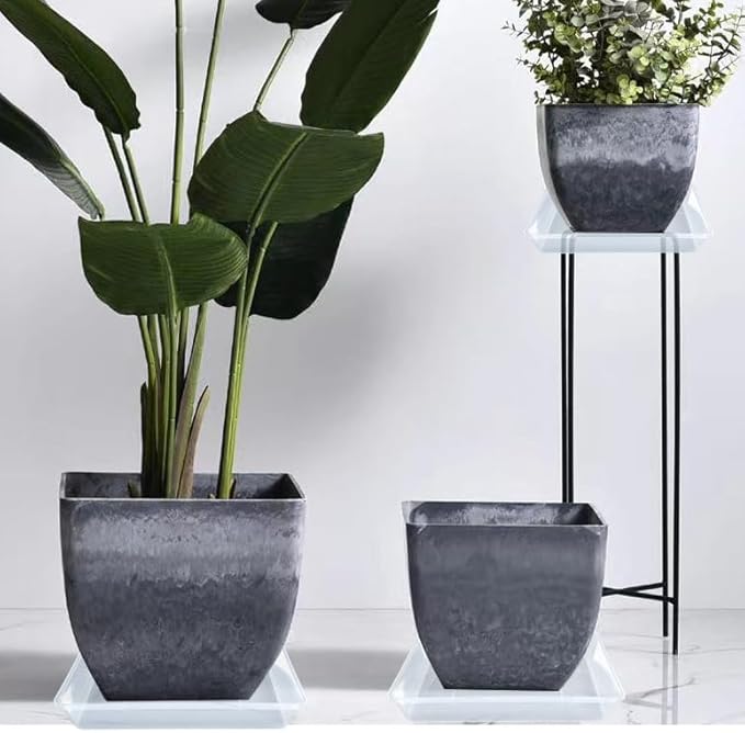Square Plant Saucer 14 Inch 2 Pack, Strong Clear Plastic Flower Plant Pot Saucer, Square Planters for Indoors and Outdoors Plants, Garden Plant Saucers for Pots Plant Trays.