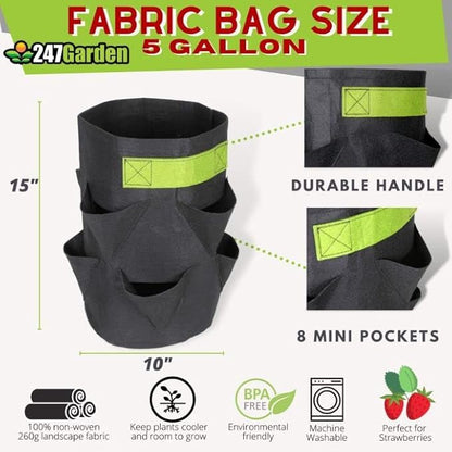 247Garden 5-Gallon Strawberry Fabric Pot +8 Mini Pockets w/Green Handles (260GSM, Black, 15H X 10D)
