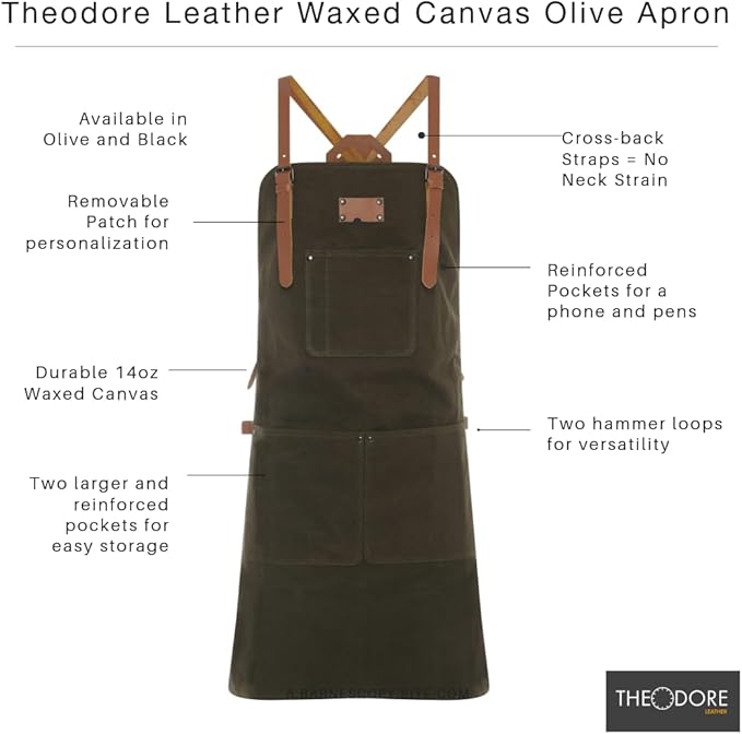 Theodore Waxed Canvas Work Apron - Cross Back with Leather Straps, 14oz Heavy Duty Canvas, Multi-Pocket Utility