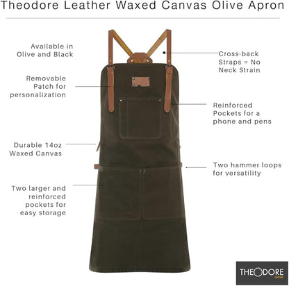 Theodore Waxed Canvas Work Apron - Cross Back with Leather Straps, 14oz Heavy Duty Canvas, Multi-Pocket Utility