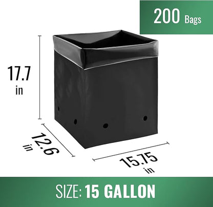 DL Wholesale Grow1 Plastic PE Grow Bags for Plants (All Black) (15 Gallon, 200 Bags)