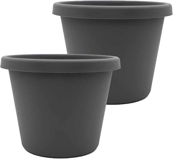 The HC Companies 10 Inch Prima Round Planter Pots with Drainage Holes and Rolled Rim, Lightweight UV-Resistant Plastic Indoor & Outdoor Planters, 2-Pack Flower Pots for Garden & Home Decor, Warm Gray