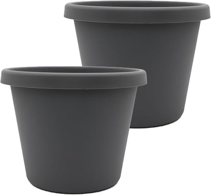 The HC Companies 14 Inch Prima Round Planter Pots with Drainage Holes and Rolled Rim, Lightweight UV-Resistant Plastic Indoor & Outdoor Planters, 2-Pack Flower Pots for Garden & Home Decor, Warm Gray