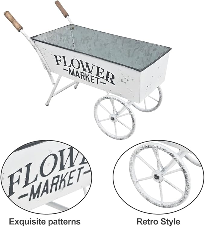 15 Inch Farmhouse Small Flower Cart with Wooden Handles Metal Wagon Planters for Outdoor Plants Decorative Wheelbarrow Plant Cart for Patio Garden Balcony White