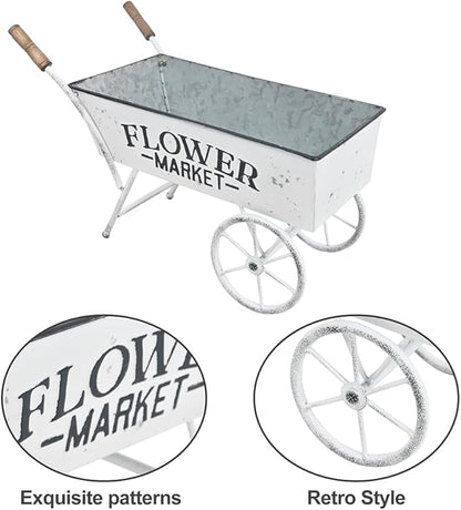 15 Inch Farmhouse Small Flower Cart with Wooden Handles Metal Wagon Planters for Outdoor Plants Decorative Wheelbarrow Plant Cart for Patio Garden Balcony White