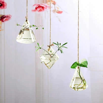 Kingbuy Hanging Glass Terrarium Propogation Planter Geometric Vase with Strings for Propagation Hydroponic Plant Home Garden Decor, 3 Type