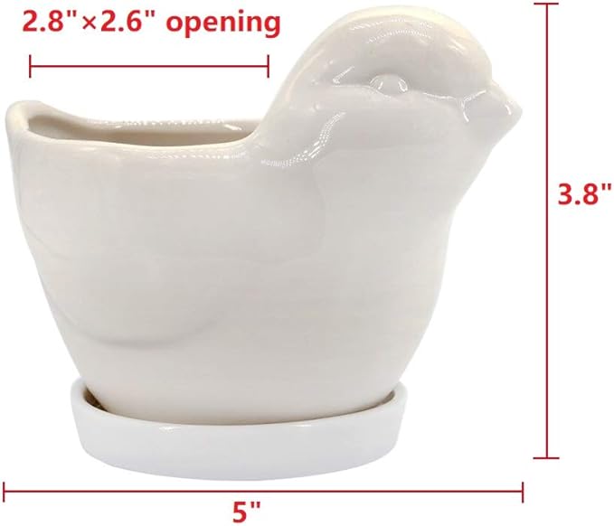 GeLive White Bird Ceramic Succulent Planter Animal Plant Pot Flower Vase Bonsai Windowsill Box with Drainage Saucer Adorable Indoor Home Decoration