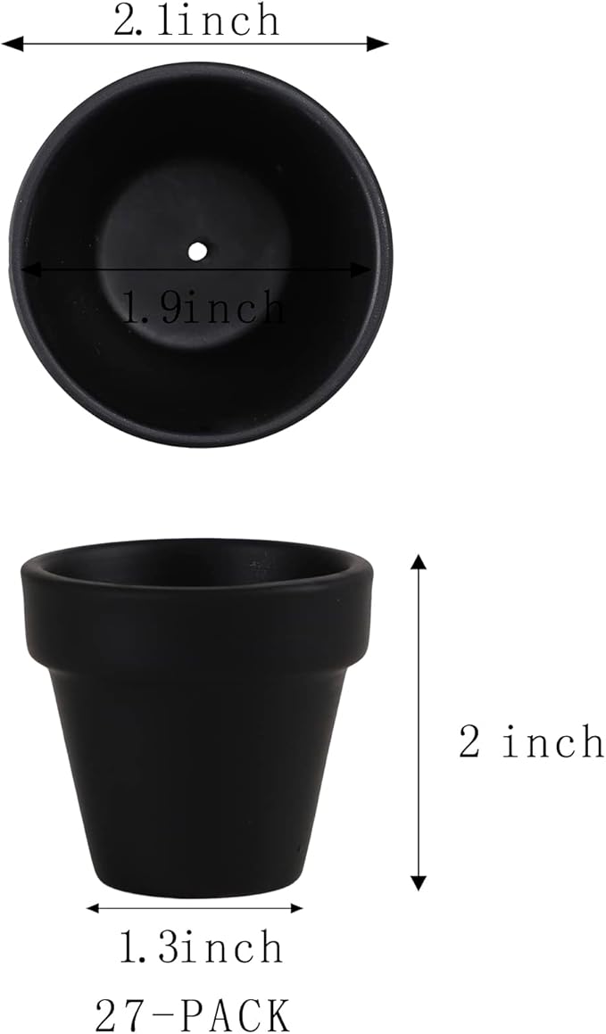 Fcacti 27 Pcs Small Mini Black Clay Pots 2.1'' Terracotta Pot Clay Ceramic Pottery Planter Cactus Flower Pots Succulent Nursery Pots- Great for Window Boxes, Cactus, Plants, Crafts, Wedding Favors