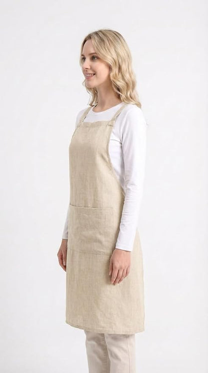 Pure Linen Cross Back Apron Dress, Adjustable Waist & 2 Pockets. Unisex Kitchen & Server Apron, 26.5"x33.5".