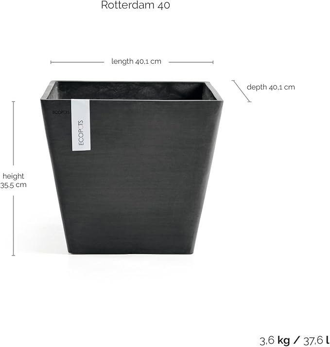 Ecopots Rotterdam Durable Modern Square Indoor/Outdoor Recycled-Based Composite Flower Planter, Dark Grey, 15.75"