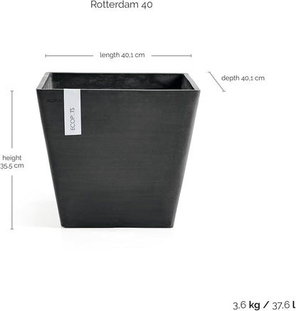 Ecopots Rotterdam Durable Modern Square Indoor/Outdoor Recycled-Based Composite Flower Planter, Dark Grey, 15.75"