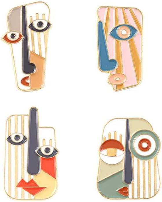 4Pcs Art Mask Enamel Pin Brooch Individual Metal Badge Lapel Pin Abstract Face Mask Pin Set Collar Pin Fashion Jewelry Clothes Bag Accessories