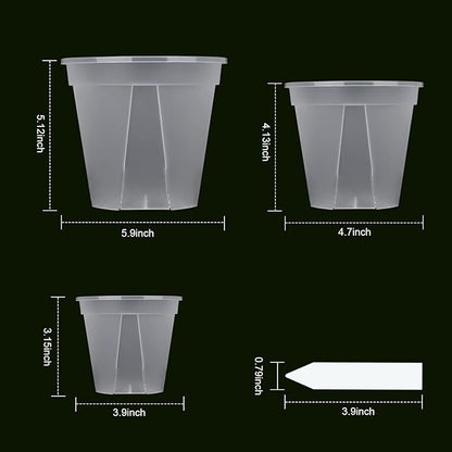 GREENPARA Transparent Plastic Planter 4/5 /6 inch Plant Nursery Pots with Drainage Hole Indoor Modern Decorative Containers for Plants, Herb, Flowers, and Cactus with 10pcs Plant Labels, 12pcs