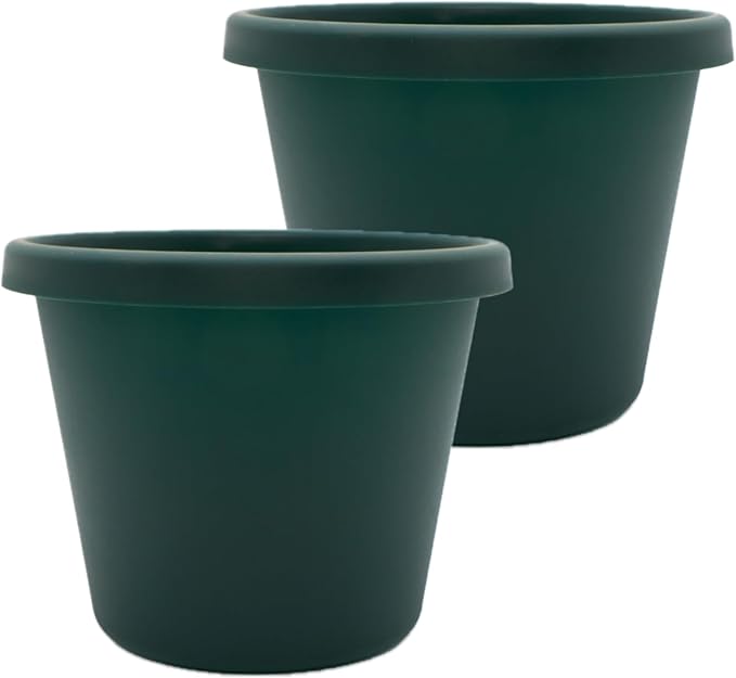 The HC Companies 14 Inch Prima Round Planter Pots with Drainage Holes and Rolled Rim, Lightweight UV-Resistant Plastic Indoor & Outdoor Planters, 2-Pack Flower Pots for Garden & Home Decor, Evergreen
