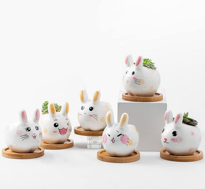 B SEPOR 3.6 inch Mini Pots for Small Succulant Plant Ceramic Animal Succulent Planter with Drainage and Bamboo Tray for Easter Bunny Rabbit Gift Lovers (Cute Bunnies)