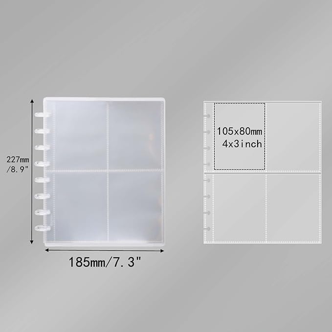 Discbound Photo Album with Clear PET Cover 20 Sheets Clear PP Sleeves 8 Discs Bound Organizer Left Side Open Pockets for Cash Money Stickers Photos Cards (8 Rings 4 Pockets)