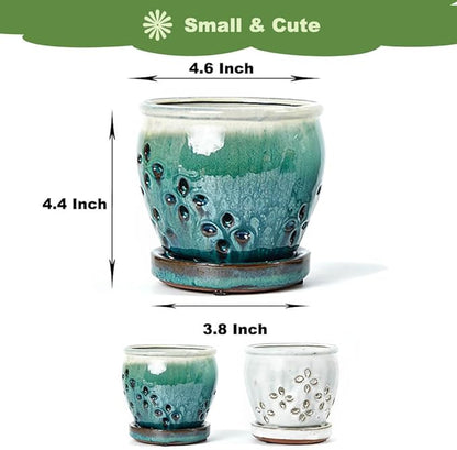 Orchid Pots with Holes Attached Saucers 4.6 Inches - 2 Pcs Small Ceramic Pots for Repotting, Decorative Ceramic Orchid Planter with Hole for Healthy Root Growth White Green