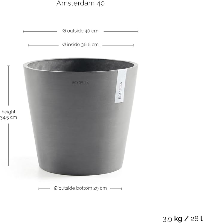 Ecopots Amsterdam Durable Modern Round Indoor/Outdoor Recycled-Based Composite Flower Pot Planter, Grey, 16"