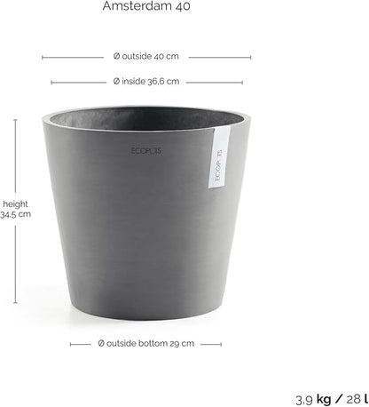 Ecopots Amsterdam Durable Modern Round Indoor/Outdoor Recycled-Based Composite Flower Pot Planter, Grey, 16"