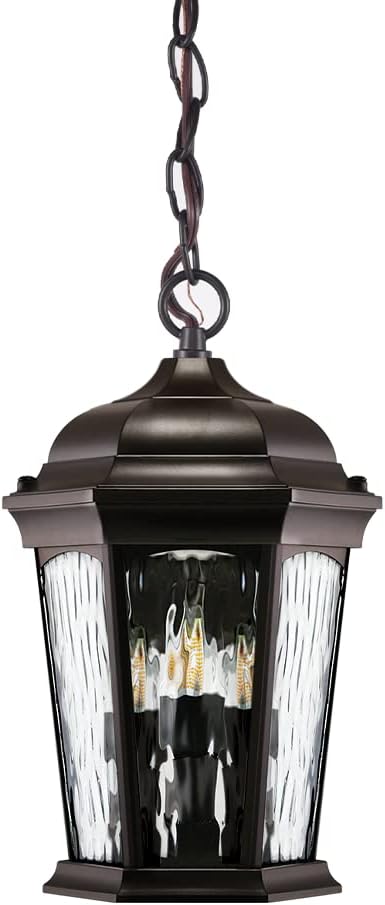 Euri Lighting EHL-130W-MD, Flickering Flame Hanging Lantern, Water Glass, with Integrated Security Light (3000K), Wall Switch Selectable Function, Water Glass, Oil Rubbed Bronze Housing