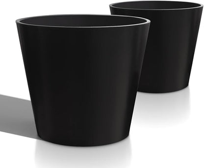 Wide Planters for Outdoor Plants, Extra Large Indoor Flower Pots for Garden, Front Porch, Patio - Round Resin Planter Set of 2 (Black, 16 inch - 2 Pack)