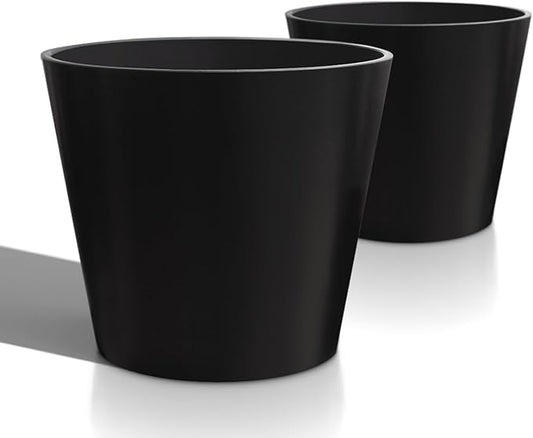 Wide Planters for Outdoor Plants, Extra Large Indoor Flower Pots for Garden, Front Porch, Patio - Round Resin Planter Set of 2 (Black, 16 inch - 2 Pack)