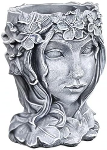 Head Planter Face Flower Pot Goddess Statue Plant Pot Decorative Girl Portrait Planter Indoor Outdoor Girl Face Flower Vase Container Planter (Gray)