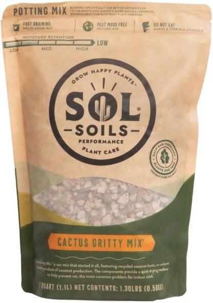 Sol Soils Gritty Cactus Soil Potting Mix - Fast Draining and Peat Moss Free with Coconut Husk Chips, Granite, Calcined Clay & Pumice for Indoor and Outdoor Plants - 1 Quart