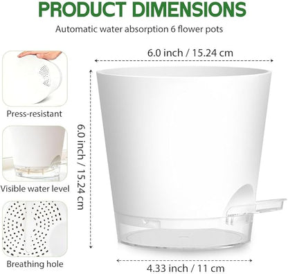 Self Watering Pots for Plants, 2026 New Flower Plant Pots with Drainage Holes, Wicking and Clear Reservoirs for Succulent, Aloe, Cacti and Others - 6 Pack (White, 6")