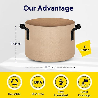 iPower 5 Gallon Grow Bags Nonwoven Fabric Pots Aeration Container with Strap Handles for Garden and Planting, 10-Pack Tan