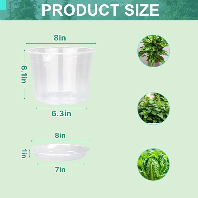 8 Inch Clear Nursery Pots with Drainage and Saucer, 5 Pack Large Plastic Pots for Plant, Seedling Starter Pot, Garden Pots for Succulents Flower Vegetables Herb