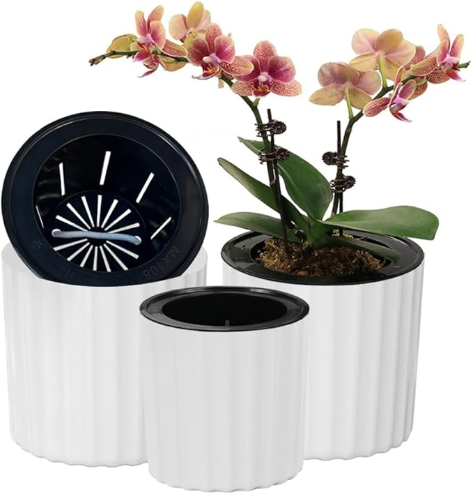 MUZHI Orchid Pot with Net and Holes, Round Self Watering Planter Pot for Indoor Plants and Flowers 3 Sets White