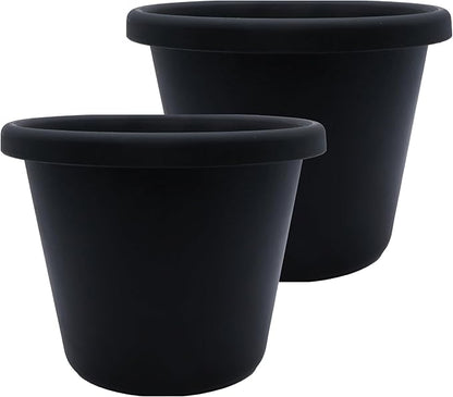 The HC Companies 15.5 Inch Classic Round Planter Pots with Drainage, Rolled Rim Plastic Planters for Indoor Outdoor Plants, 2-Pack Decorative Flower Pots for Garden, Patio, Office & Home Decor, Black