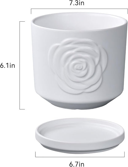 Ekirlin 7 Inch Indoor Plant Pots, White Ceramic Flower Planters, Modern Style Succulents Containers with Drain Hole & Saucer Tray, Weatherproof Pot for Decorate Home,Office & Outdoor (Rose Design)