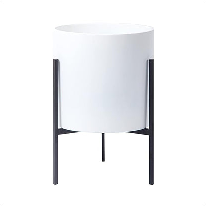 D'vine Dev Mid Century Fiberglass Resin Planter Pot with Iron Stand, 10 inch, Matte White, 96-A-1-M
