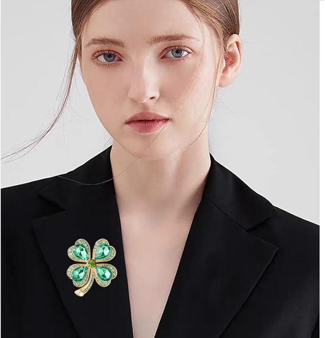 St.Patrick's Day Brooches for Women Dainty Crystal Four Leaf Lapel Pin Shamrock Hat Brooch Pins Irish Enamel Brooches Irish Holiday Costume Accessory Jewelry
