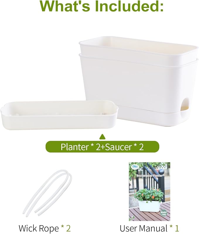 Self Watering Planters: 2 Packs Rectangular Plant Pots with with Drainage and Tray, 10 Inch Window Pot Self Watering Planter for Herb, Houseplants
