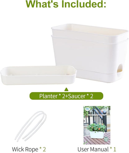 Self Watering Planters: 2 Packs Rectangular Plant Pots with with Drainage and Tray, 10 Inch Window Pot Self Watering Planter for Herb, Houseplants