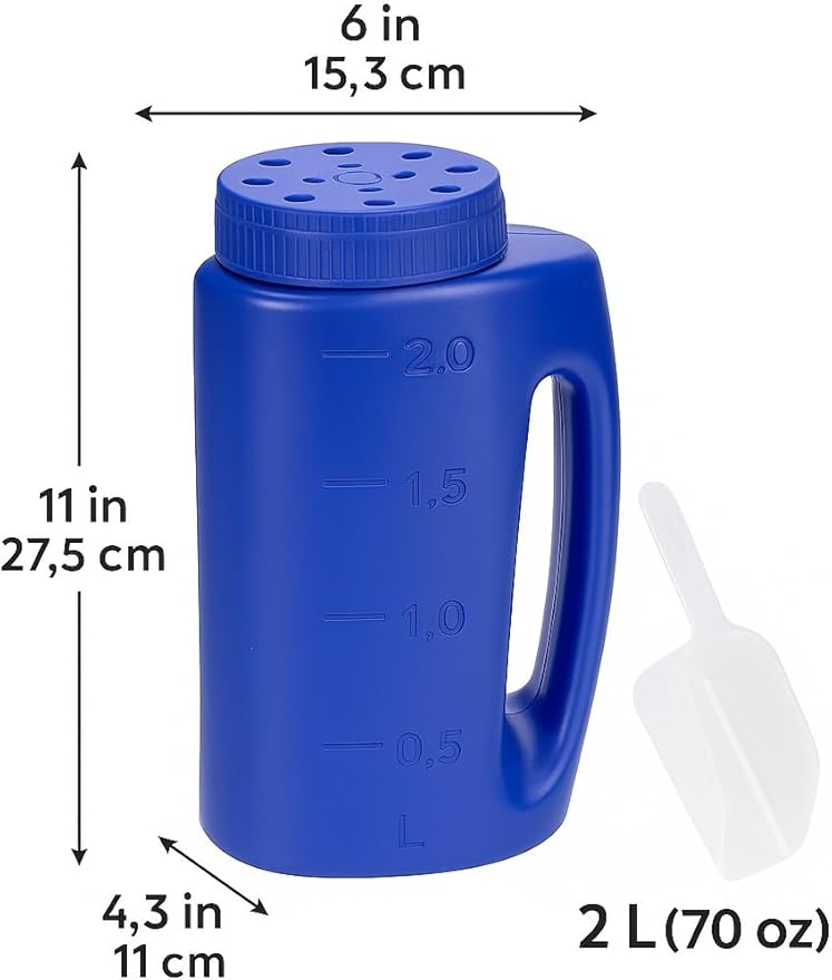 Katai – 2L (70 oz) Hand Held Spreader – Adjustable Hole Size for Seeds, Fertilizer, Salt & Ice Melt – Heavy-Duty Garden Spreader with Scoop – Blue