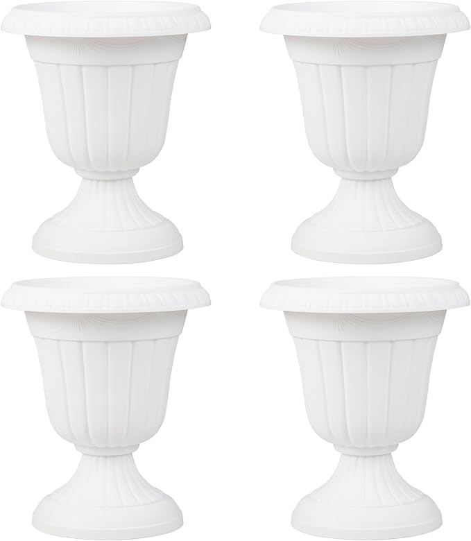 Giantex 18" Tall Vintage Planters Set of 4, Urn Plastic Flower Pots with/Pedestal Base & Pre-Marked Drain Hole, Indoor Outdoor Decorative Plant Containers for Front Porch Home Wedding (White)