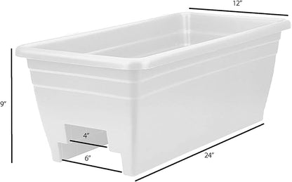 The HC Companies 24 Inch Wide Heavy Duty Plastic Deck Rail Mounted Garden Flower Planter Boxes with Removable Drainage Plugs, 2 Pack, White