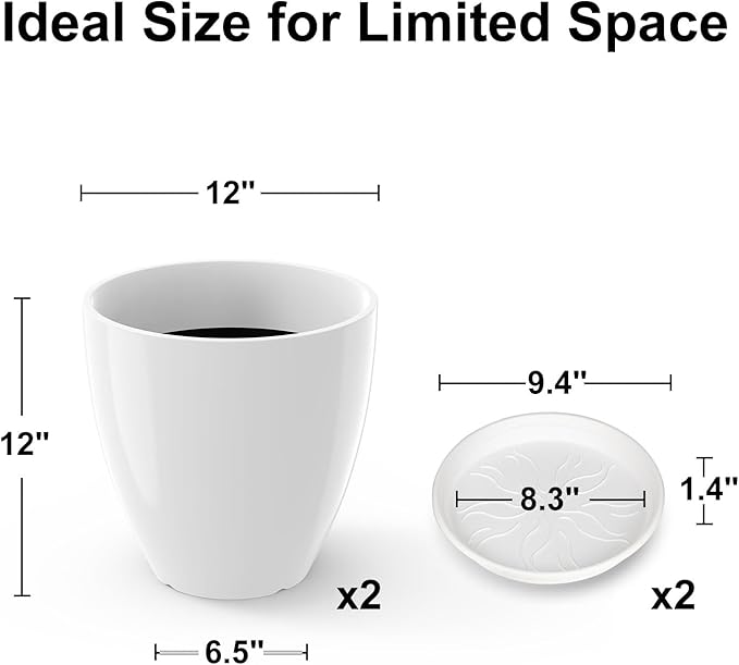 GameXcel Flower Pot Indoor - Outdoor Plant Pot - White Glossy Planter - Elegant Ceramics Imitation - 12" Diameter 12" Tall with Drainage Holes and Saucer 2 Pack