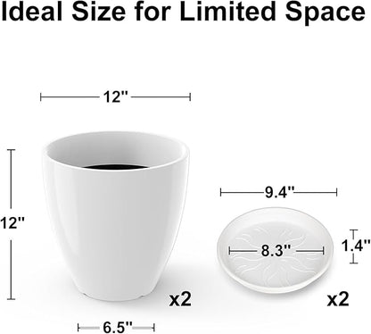 GameXcel Flower Pot Indoor - Outdoor Plant Pot - White Glossy Planter - Elegant Ceramics Imitation - 12" Diameter 12" Tall with Drainage Holes and Saucer 2 Pack