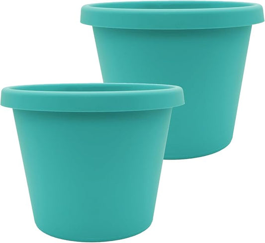 The HC Companies 12 Inch Prima Round Planter Pots with Drainage Holes and Rolled Rim, Lightweight UV-Resistant Plastic Indoor & Outdoor Planters, 2-Pack Flower Pots for Garden & Home Decor, Dusty Teal