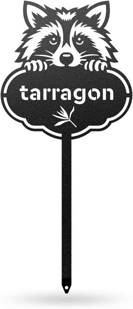 RealSteel Rocky The Raccoon Plant Markers – Cute Metal Garden Labels for Herbs & Vegetables | Outdoor Steel Plant Stakes for Garden, Greenhouse & Raised Beds | Gardening Gift | USA (TARRAGON-B-6X13)