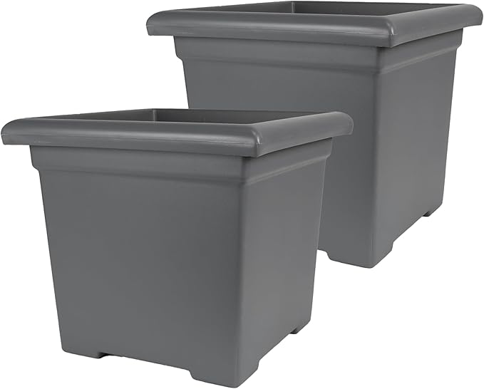 The HC Companies 12.5 Inch Accent Square Plant Pots with Drainage, Lightweight UV-Resistant Plastic Planters for Indoor & Outdoor Plants, 2-Pack Flower Pots for Garden, Office & Home Decor, Warm Gray