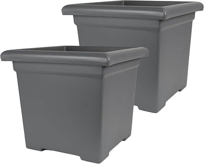 The HC Companies 12.5 Inch Accent Square Plant Pots with Drainage, Lightweight UV-Resistant Plastic Planters for Indoor & Outdoor Plants, 2-Pack Flower Pots for Garden, Office & Home Decor, Warm Gray