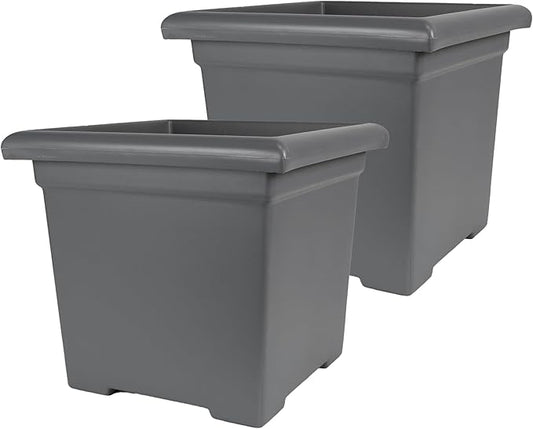 The HC Companies 12.5 Inch Accent Square Plant Pots with Drainage, Lightweight UV-Resistant Plastic Planters for Indoor & Outdoor Plants, 2-Pack Flower Pots for Garden, Office & Home Decor, Warm Gray