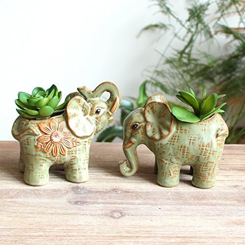 Cute Animal Elephant Shaped Ceramic Succulent Cactus Air Plant Flower Pots Planters-Plant Not Included (Green)