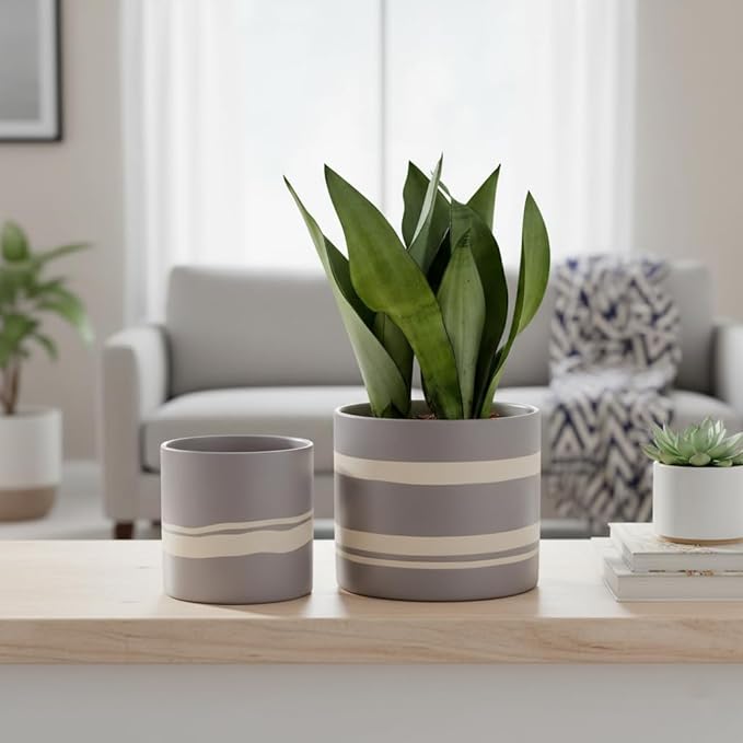Nihow Modern Ceramic Plant Pot - 5 + 7 Inch Flower Pot for All Indoor Plants - Sturdy Planter Pots with Drainage Hole & Rubber Plugs - Semi-Matte Gray & Nature - Plants Not Included